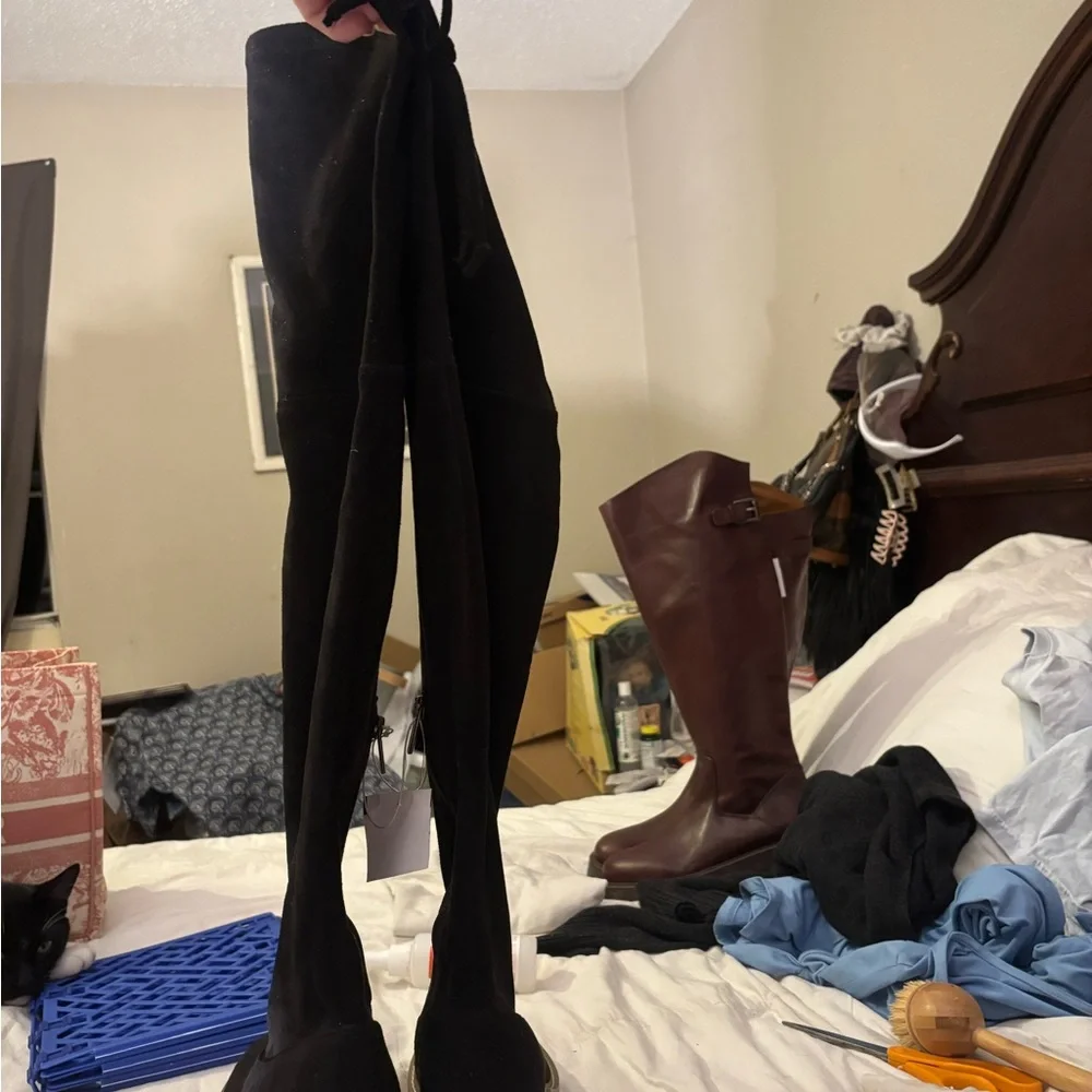 Black Over-the-Knee Wedge Boots with Tan Lug Sole Tie for An Adjustable Top NB
